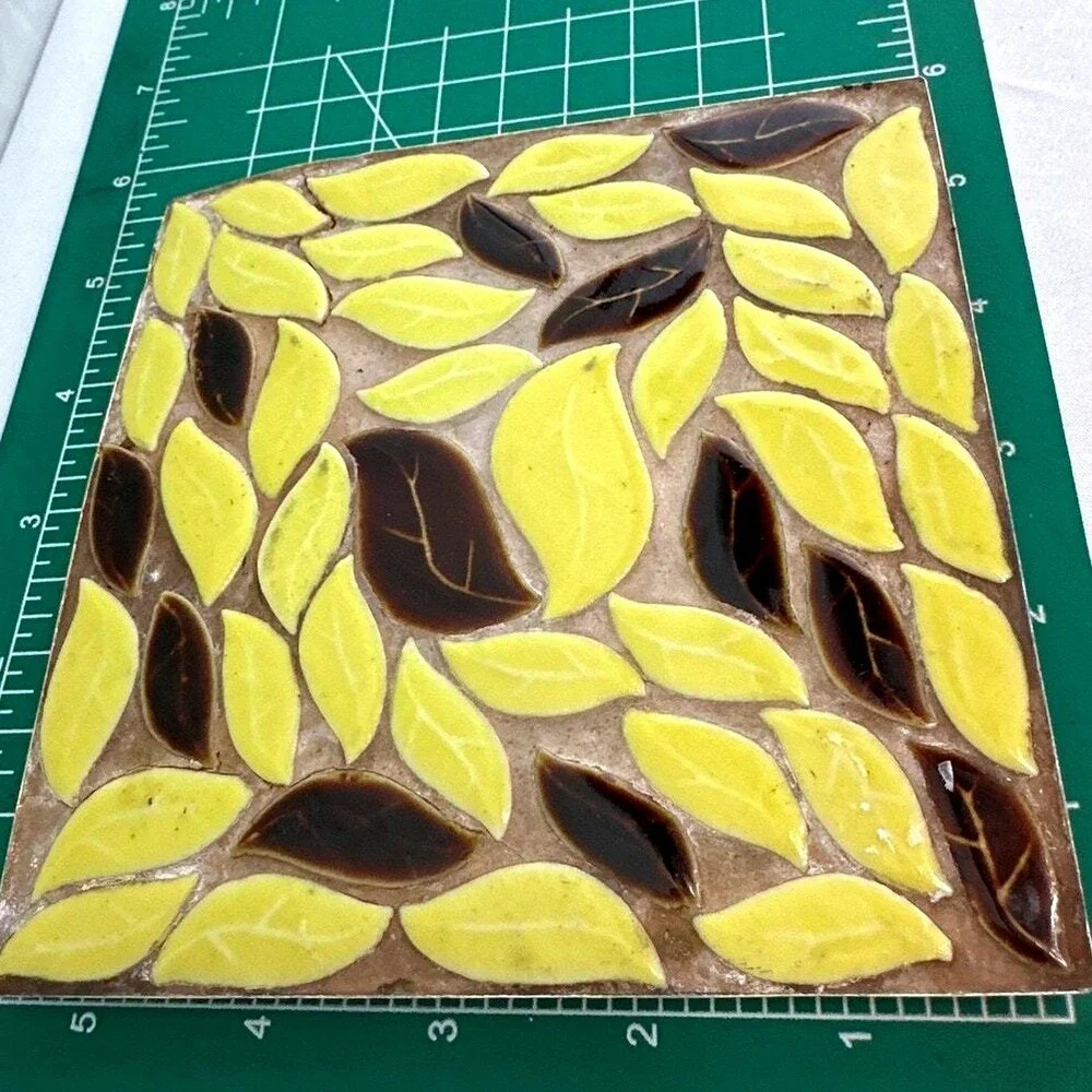 Vintage Mid-Century Yellow Brown Leaves Mosaic‎ Tile Trivet Hot Plate Pots Pans